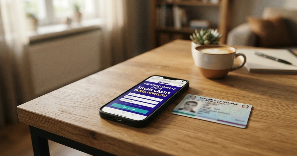 Uno smartphone che mostra la schermata di registrazione di un casinò online con l'offerta «50 giri gratis senza deposito» in evidenza, accanto a un documento d'identità appoggiato su una scrivania