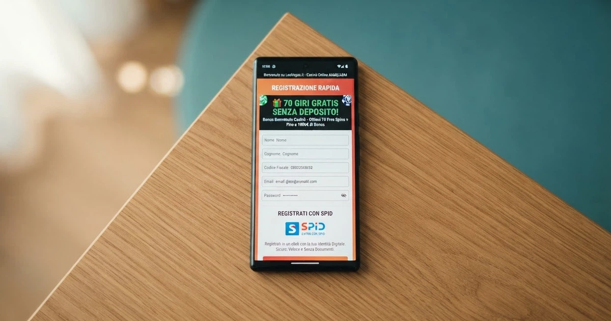 Schermata di un casinò online ADM con la schermata di registrazione e l'offerta di giri gratis senza deposito in primo piano