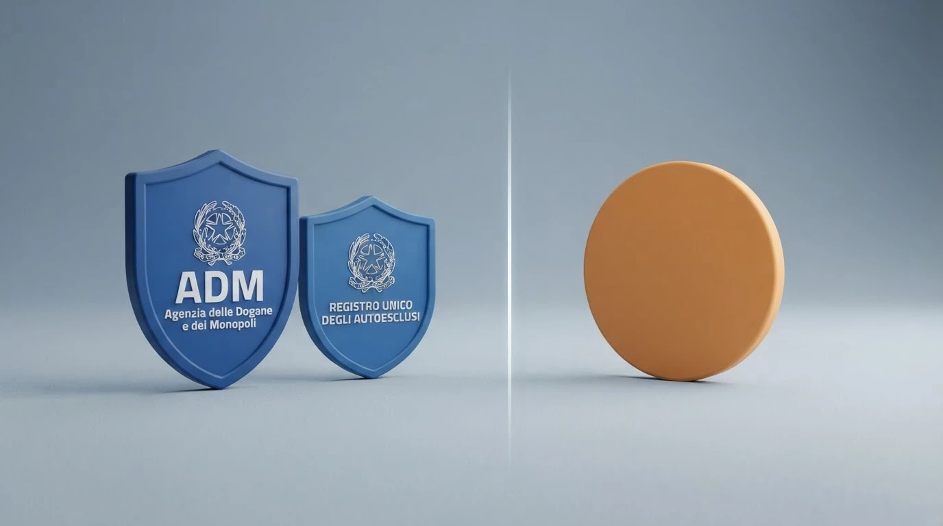 Il logo dell'Agenzia delle Dogane e dei Monopoli accanto al logo di una licenza Curaçao, separati da una linea verticale, con icone della protezione RUA (scudo barrato sul lato Curaçao) e della tassazione (simbolo dell'euro sbarrato sul lato ADM)