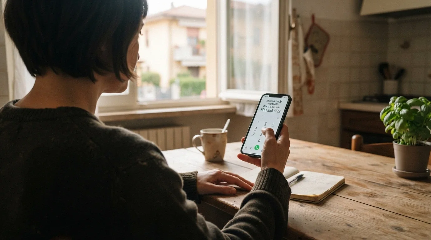 Una persona compone un numero di telefono su un servizio di assistenza, con il logo del TVNGA visibile