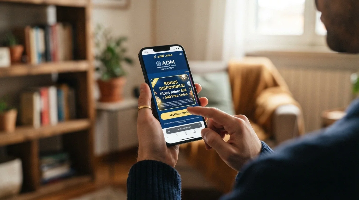 Smartphone con app di casinò ADM aperta sulla schermata di benvenuto e notifica di bonus disponibile