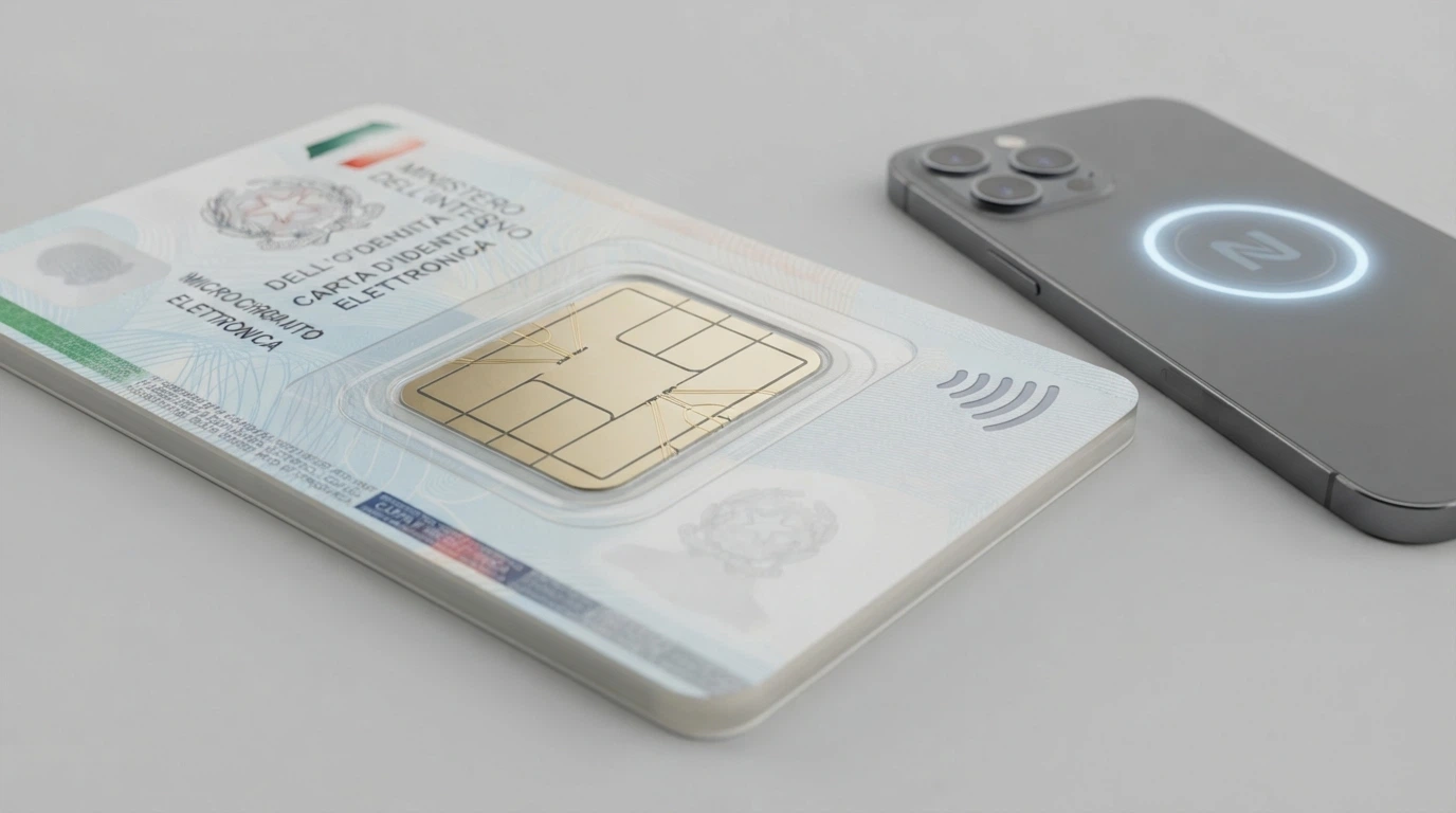 Il chip NFC di una Carta d'Identità Elettronica italiana con i dati anagrafici crittografati, accostata a uno smartphone in fase di lettura