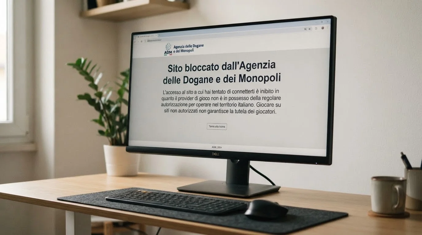 Avviso di sito bloccato dall'Agenzia delle Dogane e dei Monopoli visualizzato in un browser su schermo di computer