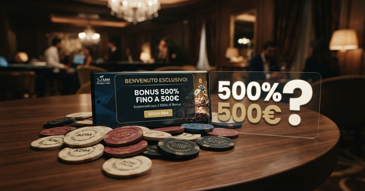 Un tavolo da casinò virtuale con una pila di fiches e uno smartphone che mostra la schermata di benvenuto di un casinò online, sovrapposizione in trasparenza del testo «500%» e «500€» affiancati con un punto interrogativo al centro.