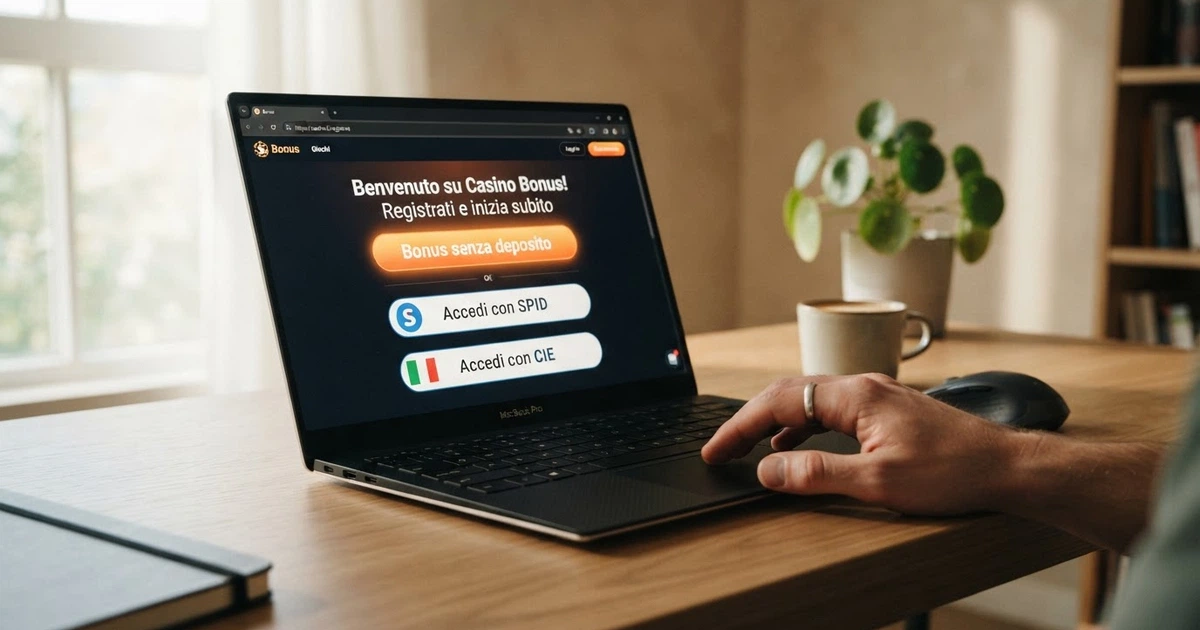 Un giocatore seduto davanti allo schermo di un laptop che mostra la pagina di registrazione di un casinò online, con le icone SPID e CIE in evidenza accanto al pulsante «Bonus senza deposito»
