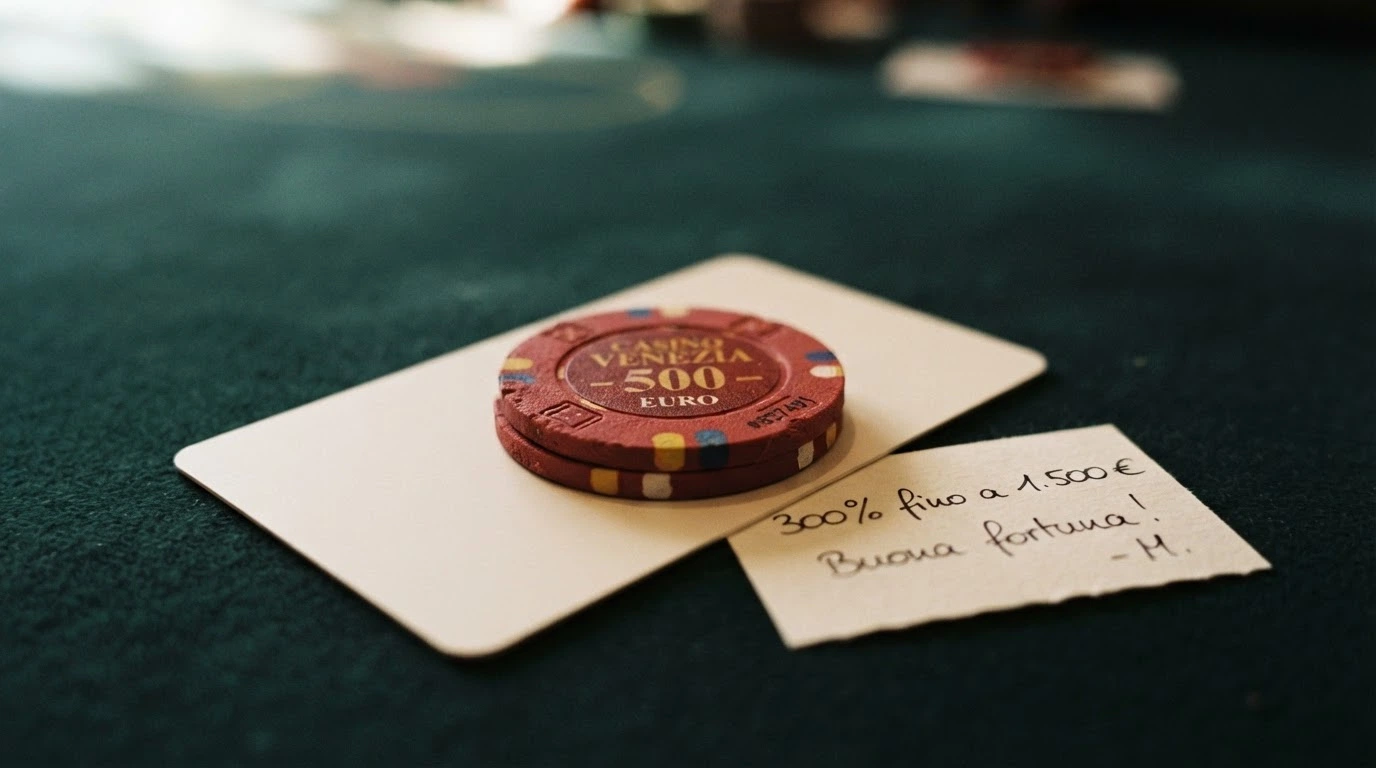 Una pila di fiches da casinò con sovrapposte etichette di percentuale (100%, 200%, 300%) e un lucchetto aperto a simboleggiare i termini di sblocco