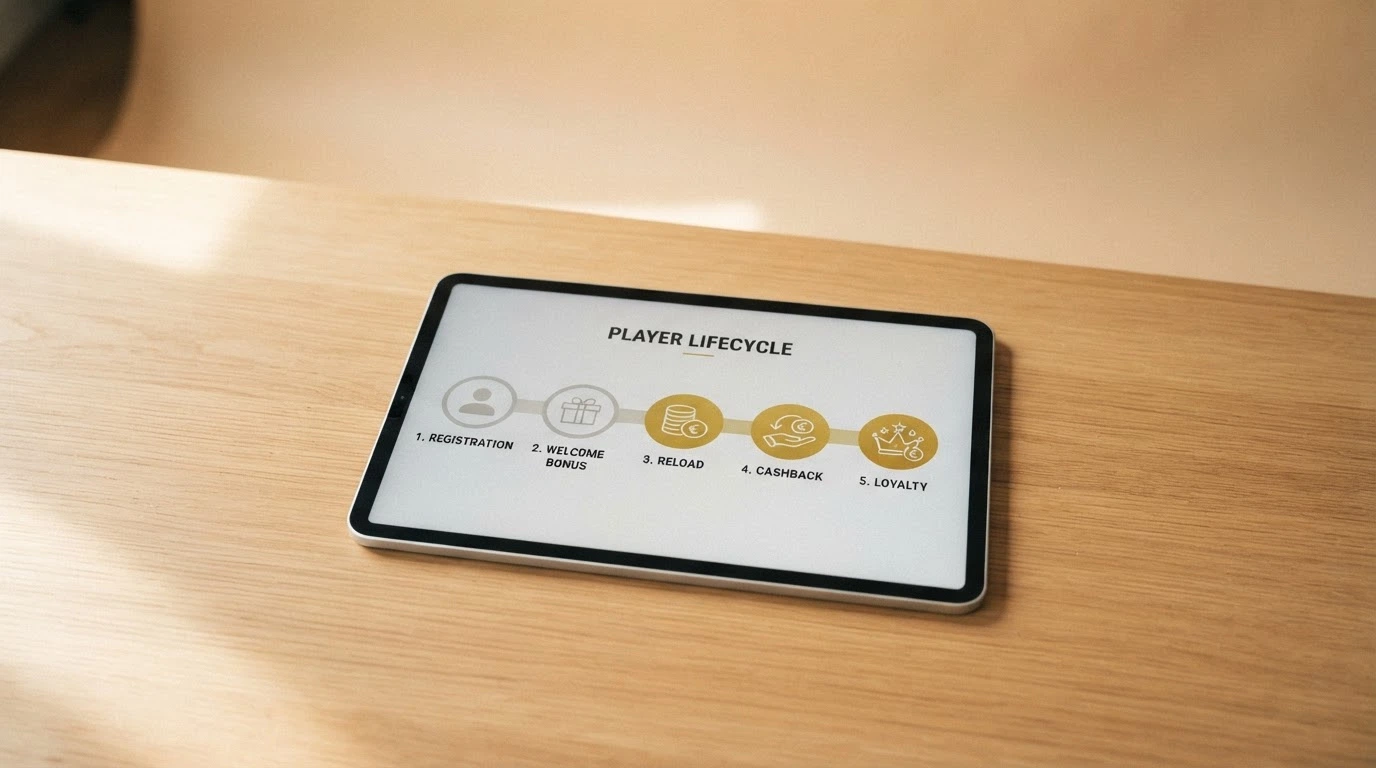 Una timeline visiva che mostra il ciclo del giocatore: registrazione → benvenuto → ricarica → cashback → fedeltà, con la fase «benvenuto» in grigio e le fasi successive evidenziate