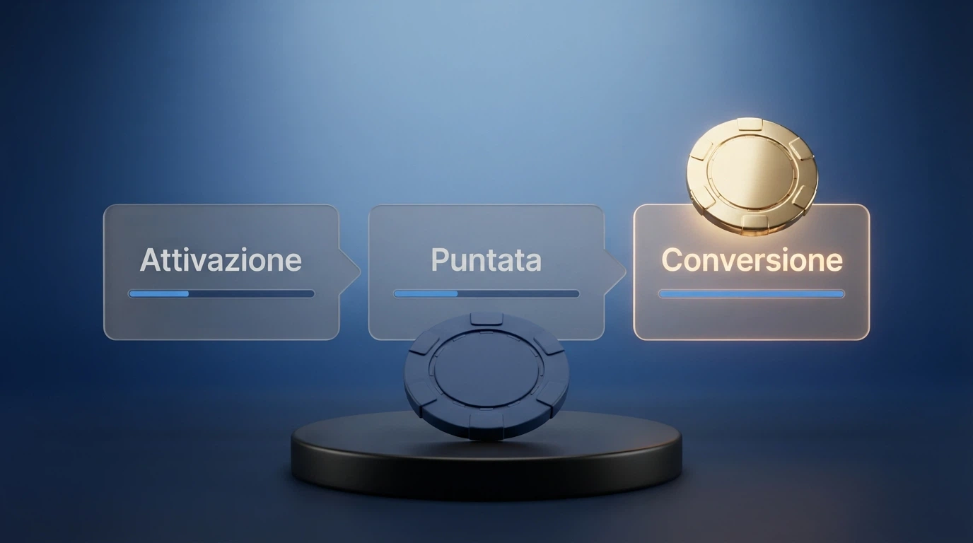Schema che illustra il percorso di un bonus senza deposito dall'attivazione alla conversione in denaro reale, con i tre filtri: wagering, turnover e massimo convertibile