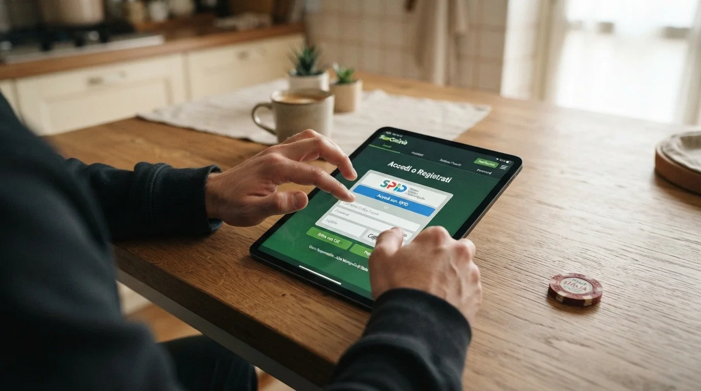 Schermata di registrazione a un casinò ADM con pulsante di accesso tramite SPID e pannello di accredito bonus senza deposito