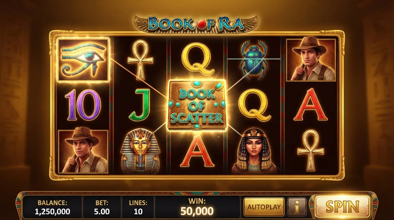 La schermata di gioco di Book of Ra Deluxe con i cinque rulli, il simbolo dell'esploratore e il libro dorato, su sfondo egizio.