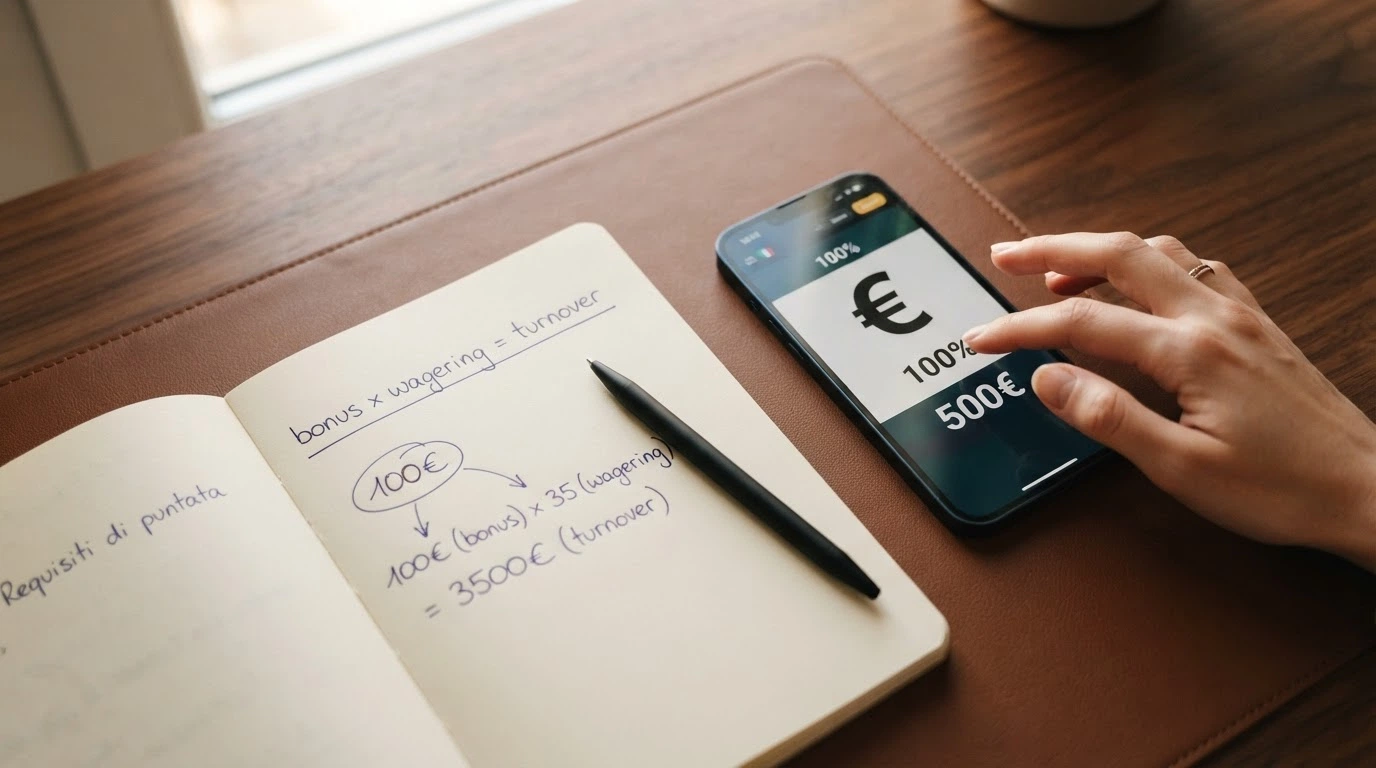 Una calcolatrice accanto a un blocco note con la formula «bonus × wagering = turnover» e un deposito di 100€ evidenziato