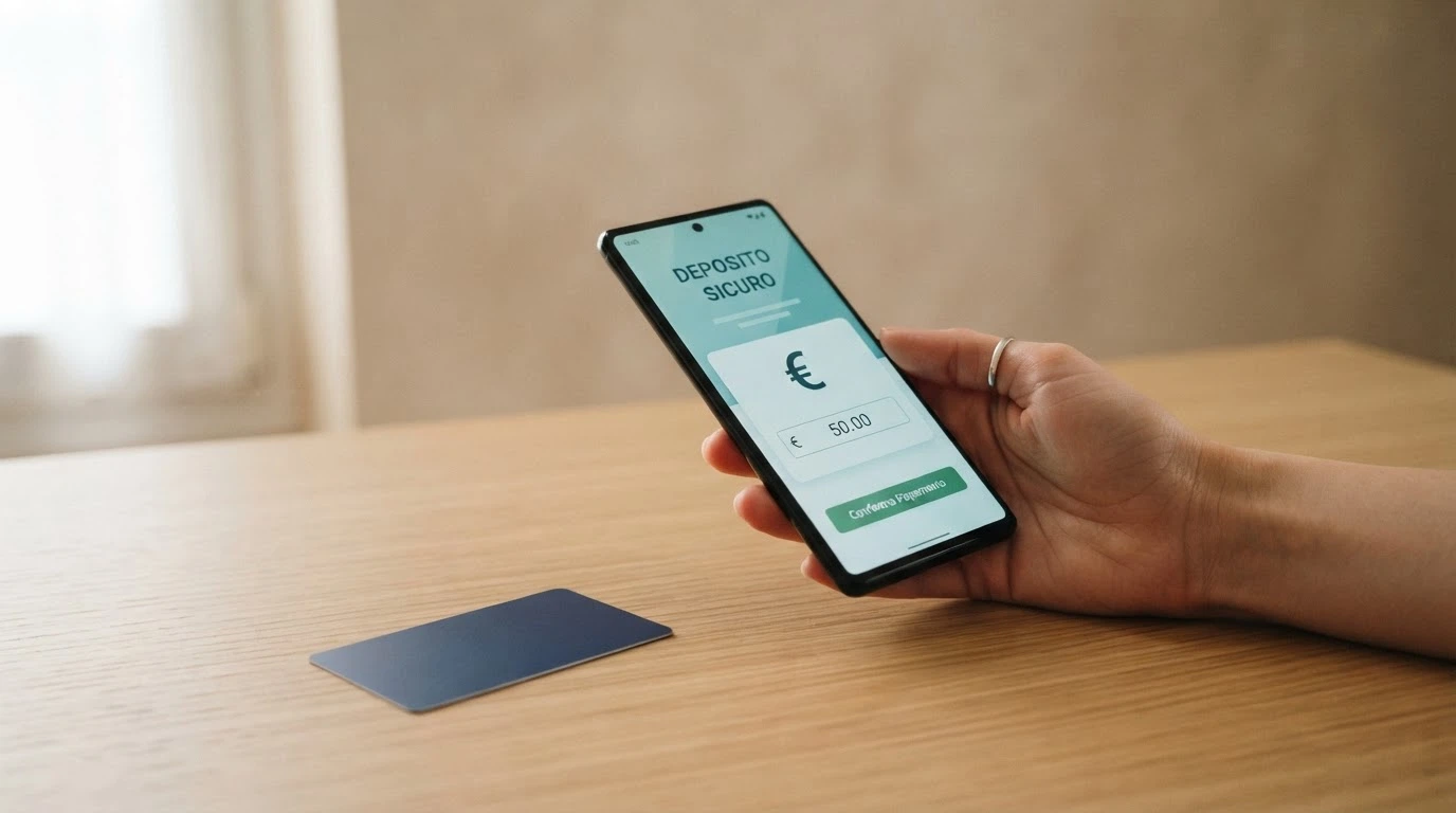 Il dettaglio di una carta Bancoposta con il logo Visa in evidenza, accanto alla schermata di un casino online che mostra Bancoposta tra i metodi di pagamento