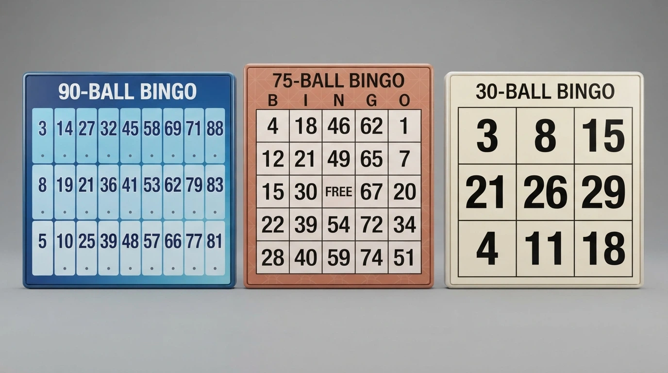 Tre cartelle di bingo affiancate in formato digitale: una a 90 palline con griglia 3x9, una a 75 con griglia 5x5 a pattern, una a 30 con griglia 3x3 compatta