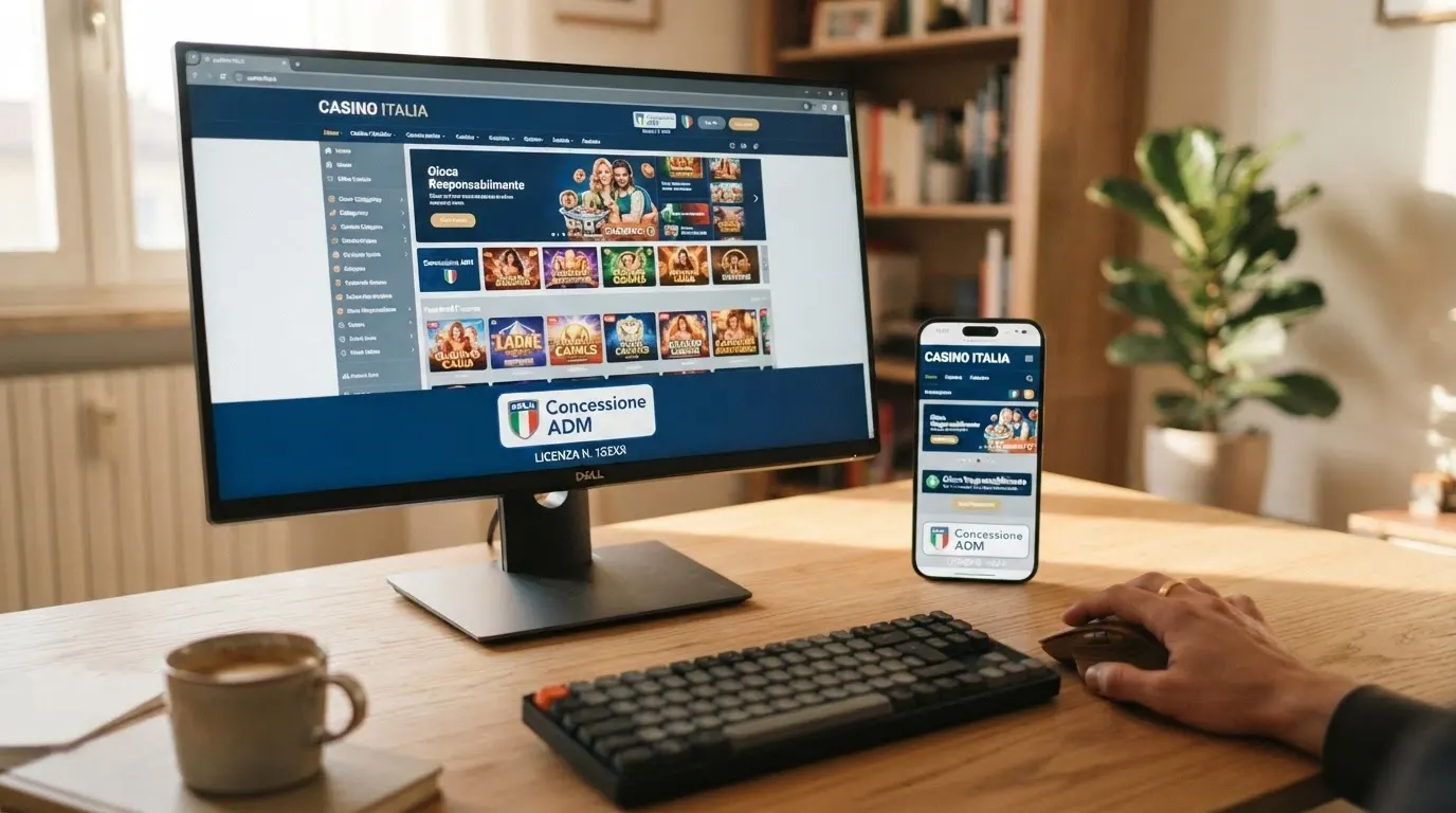 Logo o sito di un casinò online ADM su desktop e mobile con il lucchetto della licenza e la scritta concessione ADM visibile