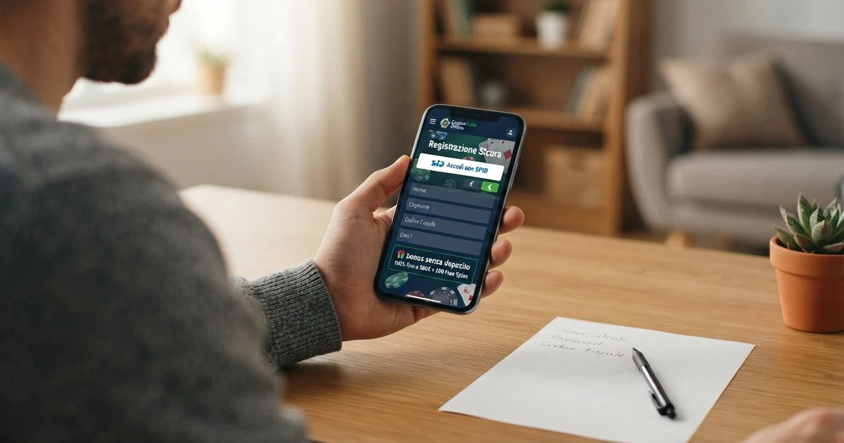Uno schermo che mostra la schermata di registrazione di un casinò online italiano con l'opzione SPID in evidenza e la dicitura «bonus senza deposito» visibile nell'area promozioni