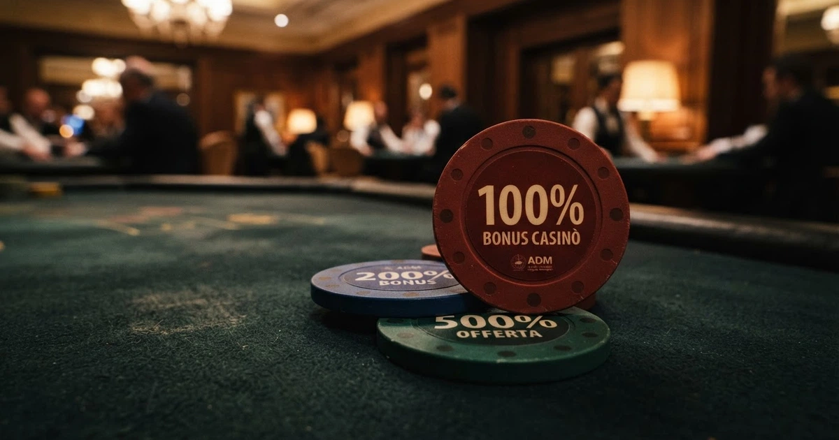 Tre chip da casinò impilate con i valori 100%, 200% e 500% in primo piano su uno sfondo scuro