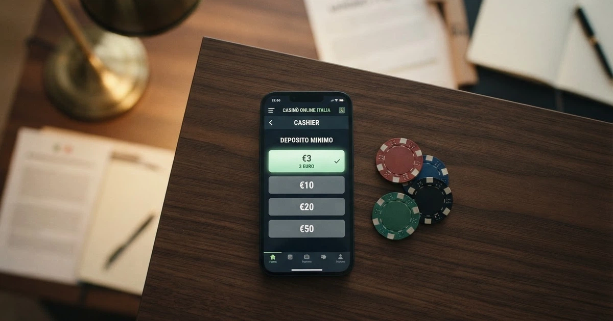 L'interfaccia della cassa di un casinò online italiano con l'opzione di deposito minimo evidenziata, accanto ai loghi dei metodi di pagamento accettati