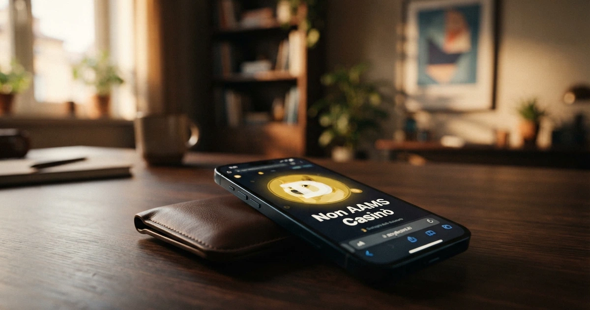 Un wallet digitale con il logo di Dogecoin affiancato alla schermata di un casinò online su sfondo scuro, con la scritta «Non AAMS» in evidenza