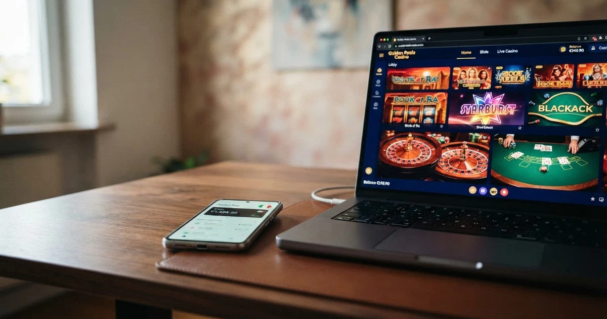 Uno smartphone Android con l'interfaccia di Google Pay aperta sullo schermo, affiancato da un laptop che mostra la lobby di un casinò online