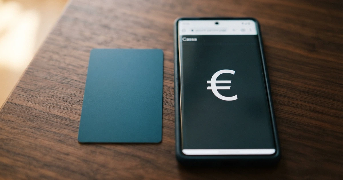 Una carta Maestro accanto a una Debit Mastercard, appoggiate su un tavolo con lo schermo di uno smartphone che mostra la cassa di un casinò online