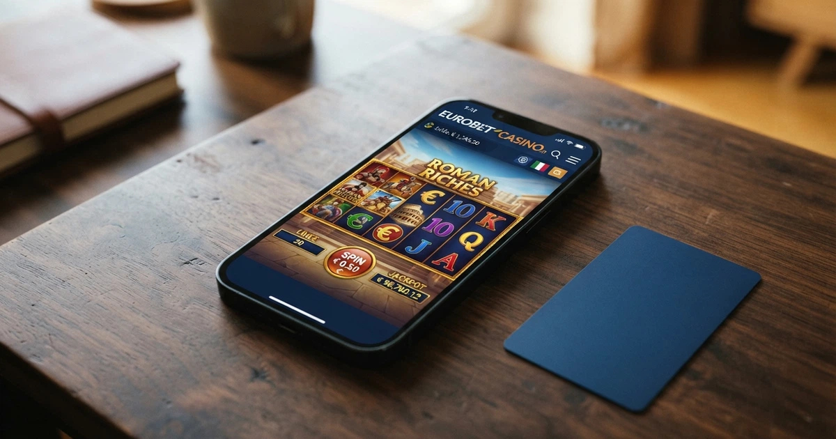 Un telefono con l'interfaccia di un casinò online e il logo MyBank sullo schermo, accanto a una carta d'identità e al simbolo dell'Unione Europea