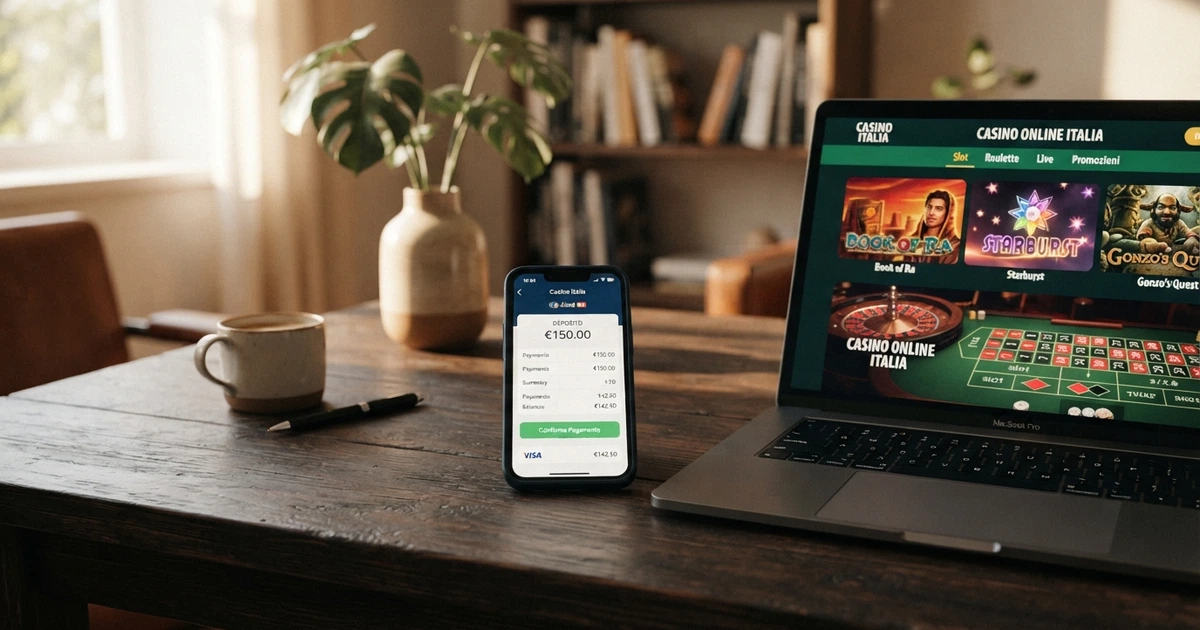 Un telefono con l'interfaccia di PayPal aperta accanto allo schermo di un casinò online, su uno sfondo che richiama il mercato italiano