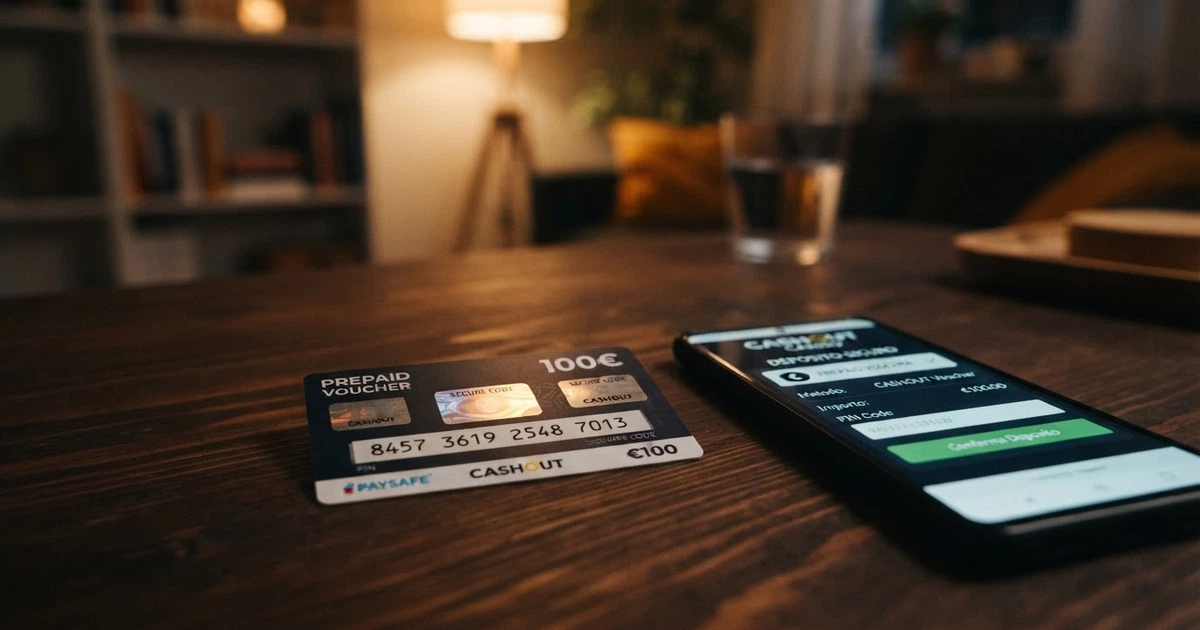 Un voucher paysafecard con il codice PIN a 16 cifre in primo piano, affiancato dallo schermo di un casinò online aperto sulla pagina di deposito