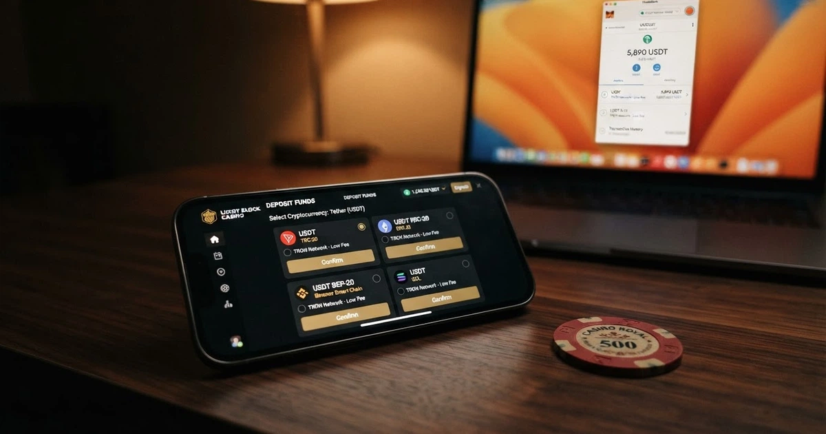 Un'interfaccia di casinò online che mostra l'opzione di deposito in Tether (USDT) accanto ai loghi delle reti TRC-20, ERC-20 e BEP-20, con un wallet crypto aperto sullo sfondo.