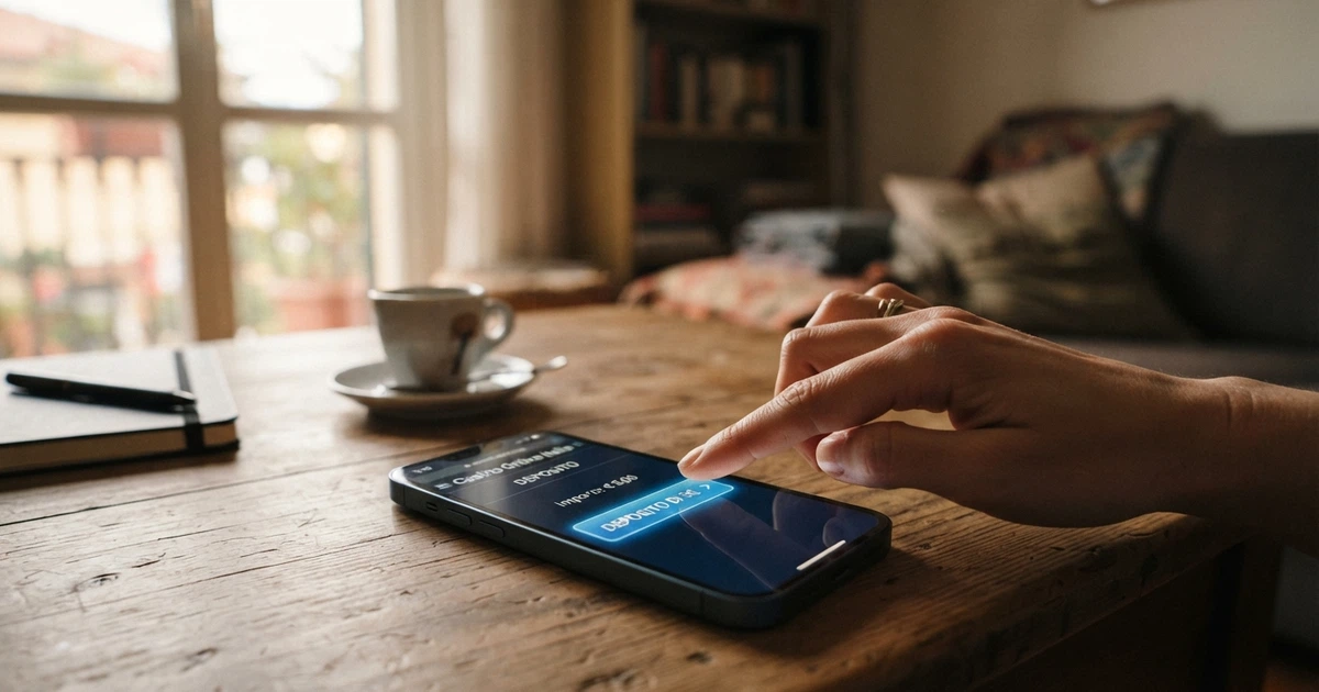 Un giocatore davanti allo schermo di uno smartphone con l'interfaccia in italiano di un casinò online, il dito fermo sul pulsante di deposito che mostra l'importo di 3 euro