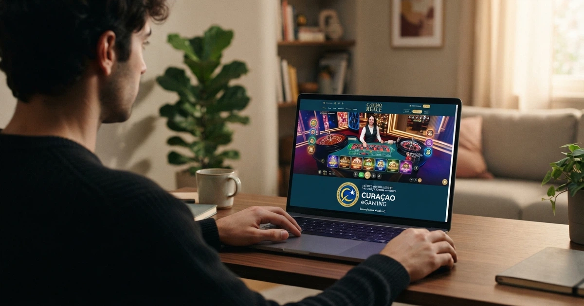 Un giocatore davanti allo schermo che osserva la schermata di un casinò online con il sigillo di una licenza Curacao evidenziato nel footer