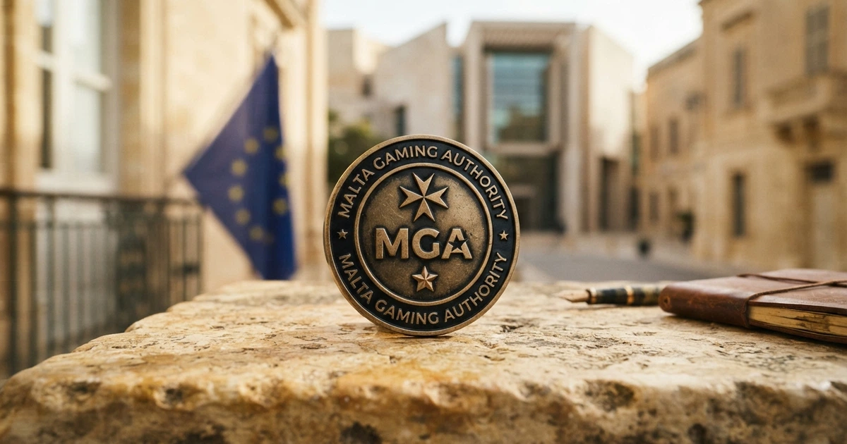 Un primo piano del sigillo della Malta Gaming Authority su uno sfondo che richiama il Parlamento maltese o l'architettura de La Valletta, con la bandiera dell'Unione Europea visibile