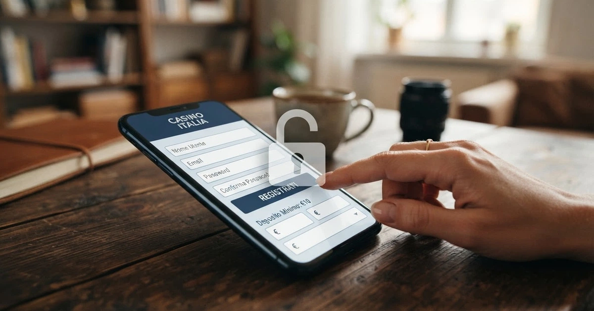 Uno schermo di smartphone che mostra la pagina di registrazione di un casinò online, con un lucchetto aperto in sovraimpressione accanto alla scritta «non AAMS»