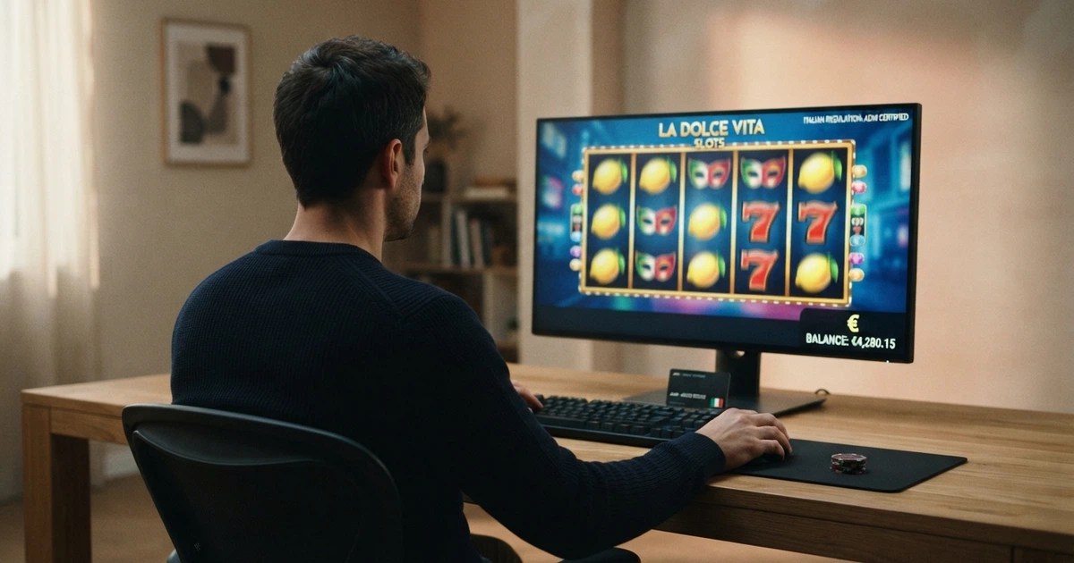 Un giocatore seduto davanti allo schermo di un computer con la schermata di un casinò online e un lucchetto ADM visibile nell'interfaccia