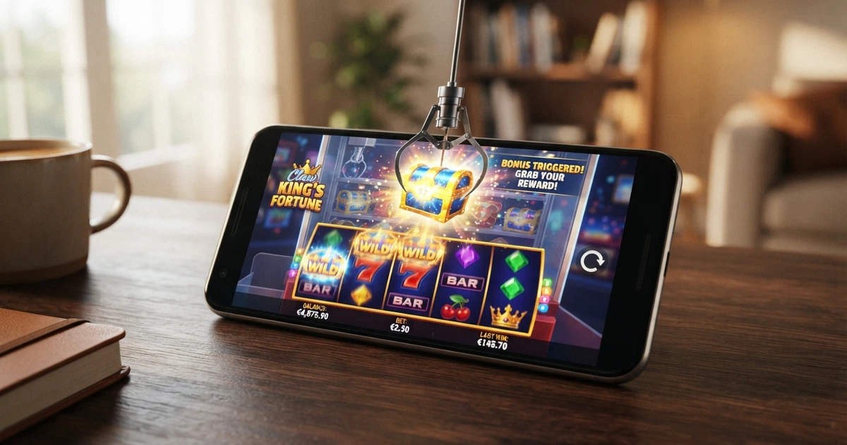 Una slot machine online con una schermata pop-up che mostra una macchinetta a griffe virtuale mentre afferra un premio bonus luminoso
