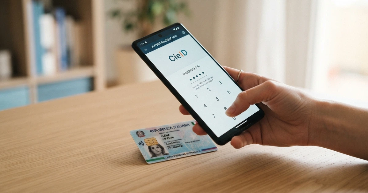 Uno smartphone avvicinato a una Carta d'Identità Elettronica per l'autenticazione NFC, con la schermata dell'app CieID visibile