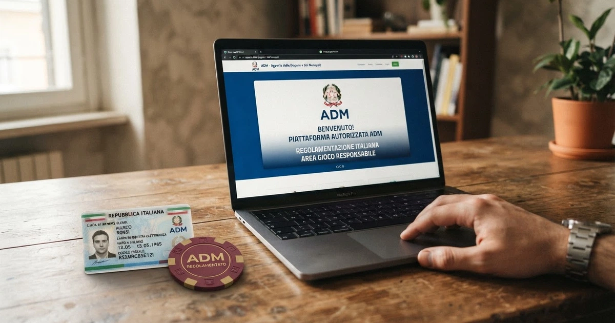 Un giocatore adulto consulta un casinò online su computer portatile, con il logo dell'Agenzia delle Dogane e dei Monopoli visibile sullo schermo e una carta d'identità italiana posata sulla scrivania