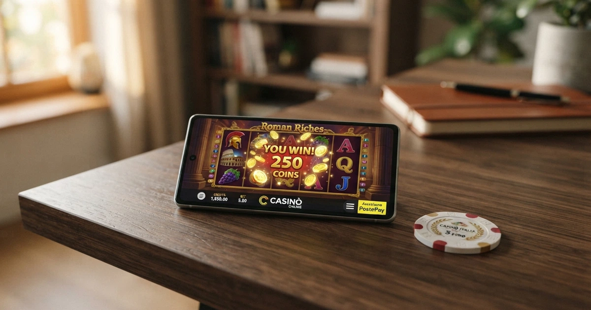 Una carta Bancoposta appoggiata accanto a uno smartphone che mostra la schermata di deposito di un casino online