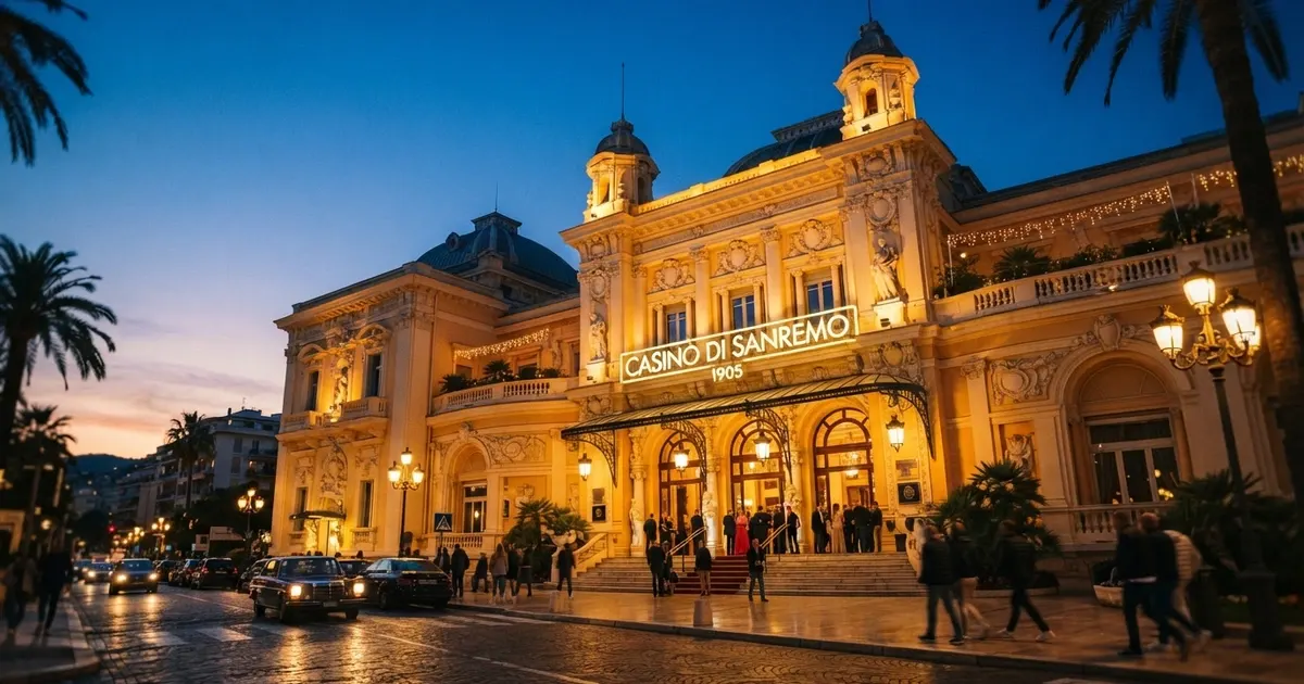 La facciata in stile Liberty del Casinò di Sanremo in Corso Inglesi 18, con l'insegna storica illuminata al tramonto