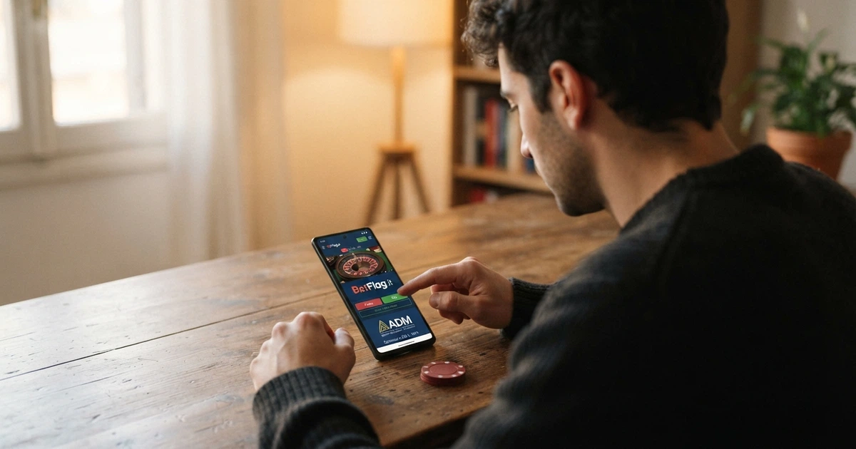 Un giocatore davanti allo schermo di un casinò online con l'interfaccia in italiano, il lucchetto di sicurezza nella barra del browser e il logo ADM visibile nel footer della pagina