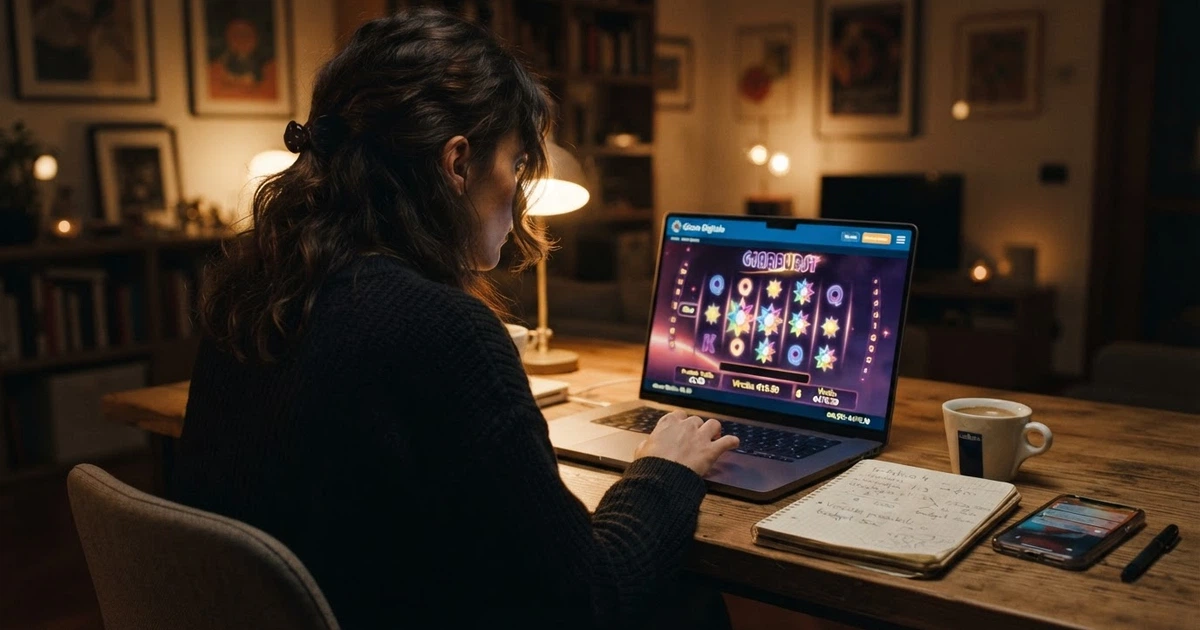 Una persona seduta davanti allo schermo di un computer con la schermata di un casinò online visibile, espressione concentrata e riflessiva, in un ambiente domestico serale