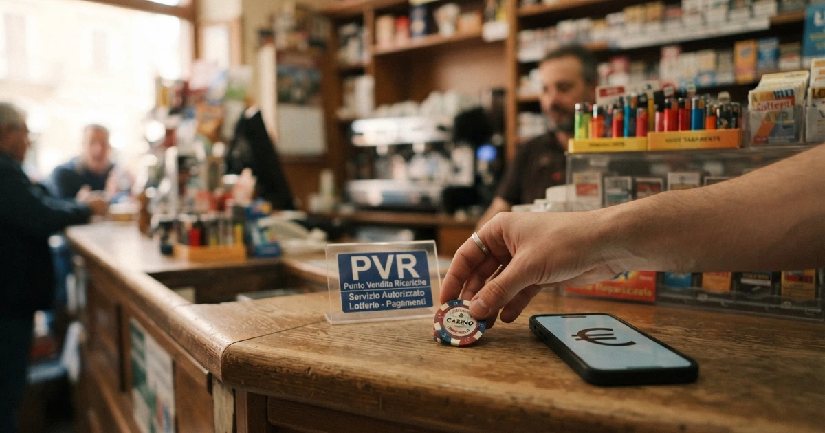 Una mano appoggia una moneta da 1 euro sul bancone di una tabaccheria con il logo PVR visibile, accanto a un telefono che mostra la schermata di ricarica di un casinò.