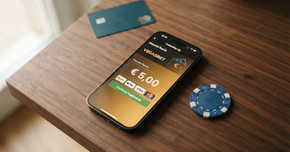 Uno smartphone che mostra la schermata di ricarica di un casinò online con l'importo di 5 euro selezionato, accanto a una carta di debito e un portafoglio digitale sullo schermo.