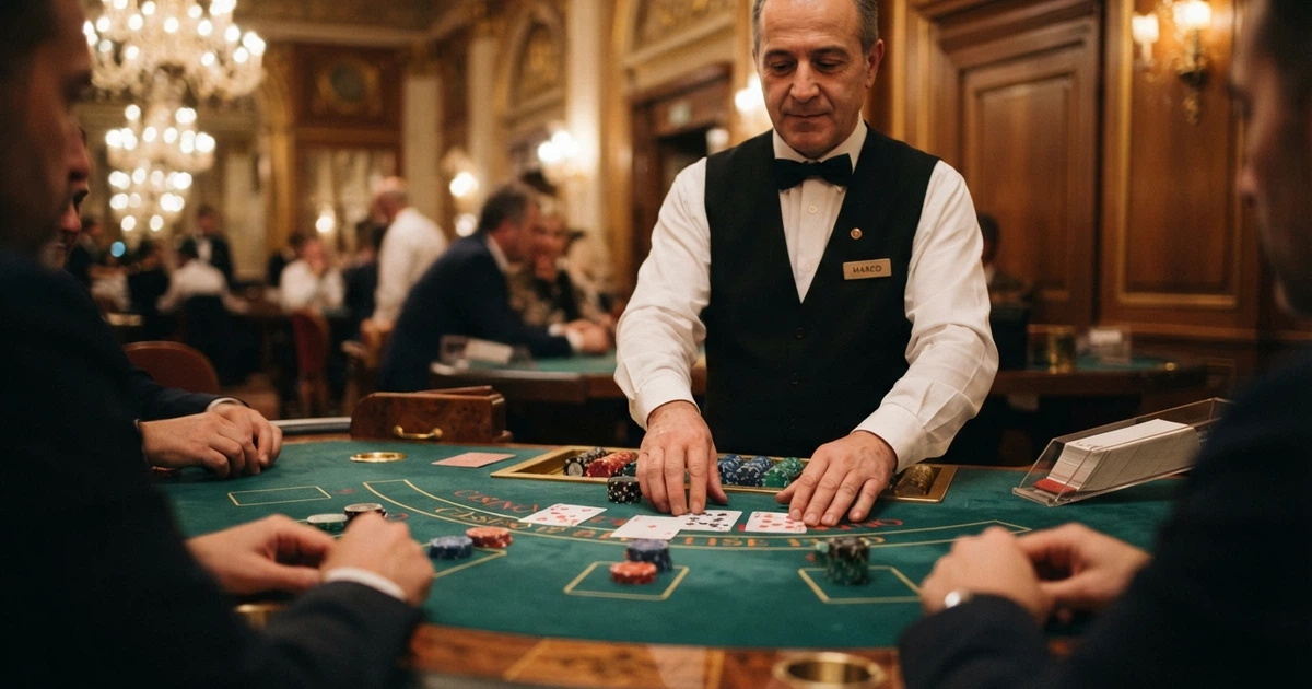 Un tavolo da gioco in un casinò con fiches, carte e un croupier, illuminato da luci calde