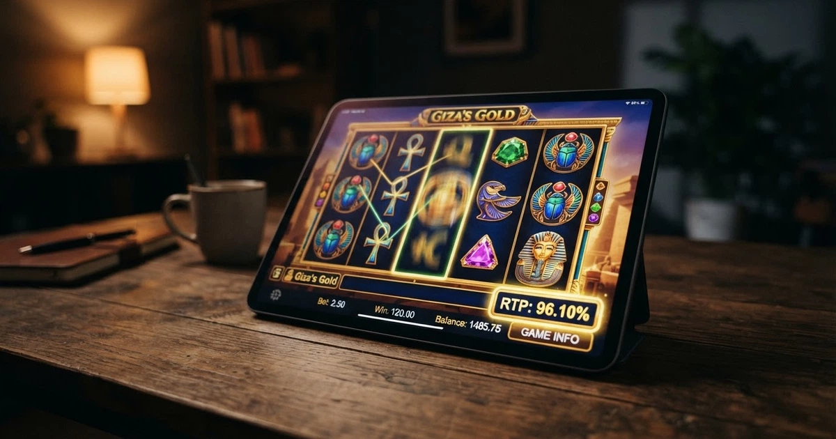 Primo piano di una slot machine online con l’interfaccia di gioco visibile, il pannello delle informazioni con la percentuale RTP evidenziata e un rullo in movimento