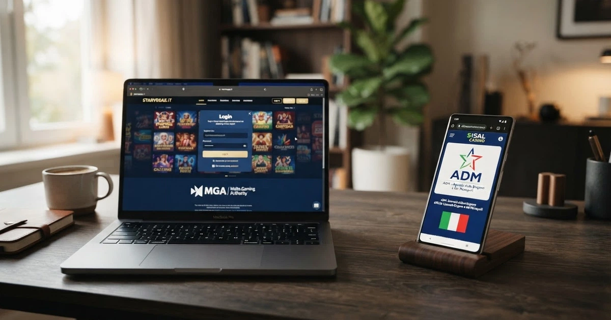 La schermata di accesso di un casinò online straniero con licenza internazionale visibile, affiancata dal logo ADM e dalla bandiera italiana, su uno schermo di computer