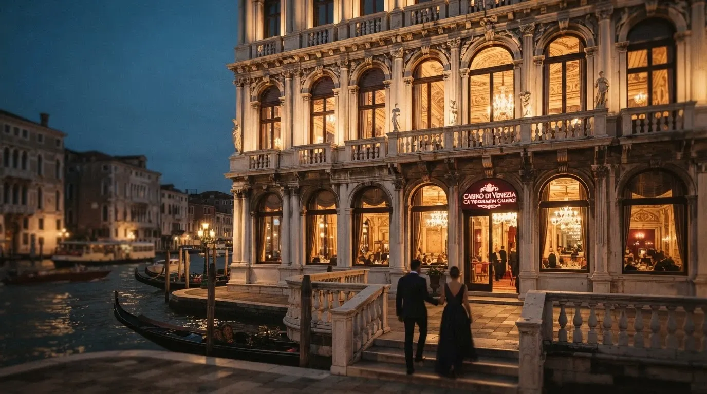La facciata storica di uno dei quattro casinò terrestri autorizzati in Italia, con l'insegna luminosa