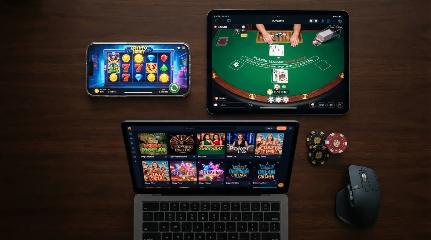 Griglia di slot machine, giochi da tavolo e interfaccia di gioco in un casinò che accetta criptovalute