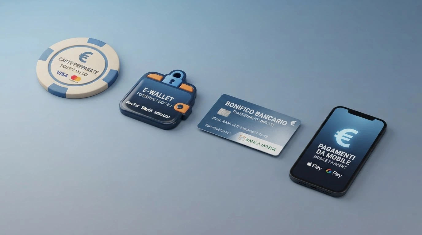Icone o rappresentazione grafica delle quattro categorie principali di metodi di pagamento: carte, portafogli elettronici, bonifico bancario e portafogli mobile