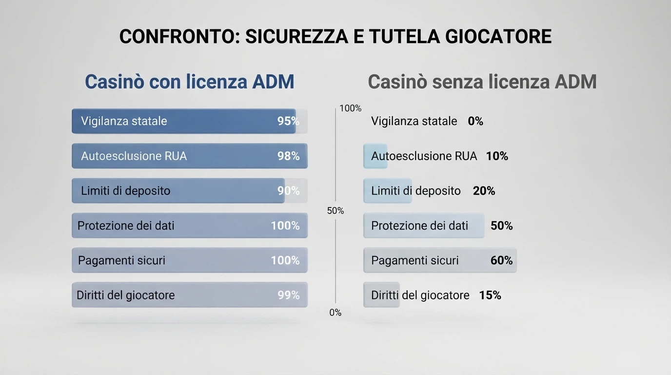 Diagramma a due colonne che mette a confronto le tutele offerte da un casinò con licenza ADM e da uno senza concessione italiana