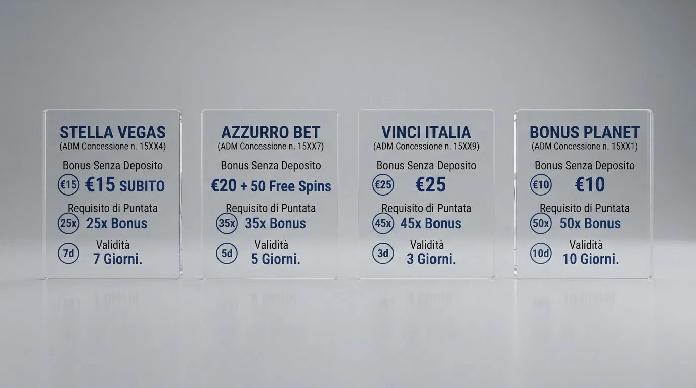 Schermata comparativa con le condizioni di bonus senza deposito di diversi casinò ADM affiancate